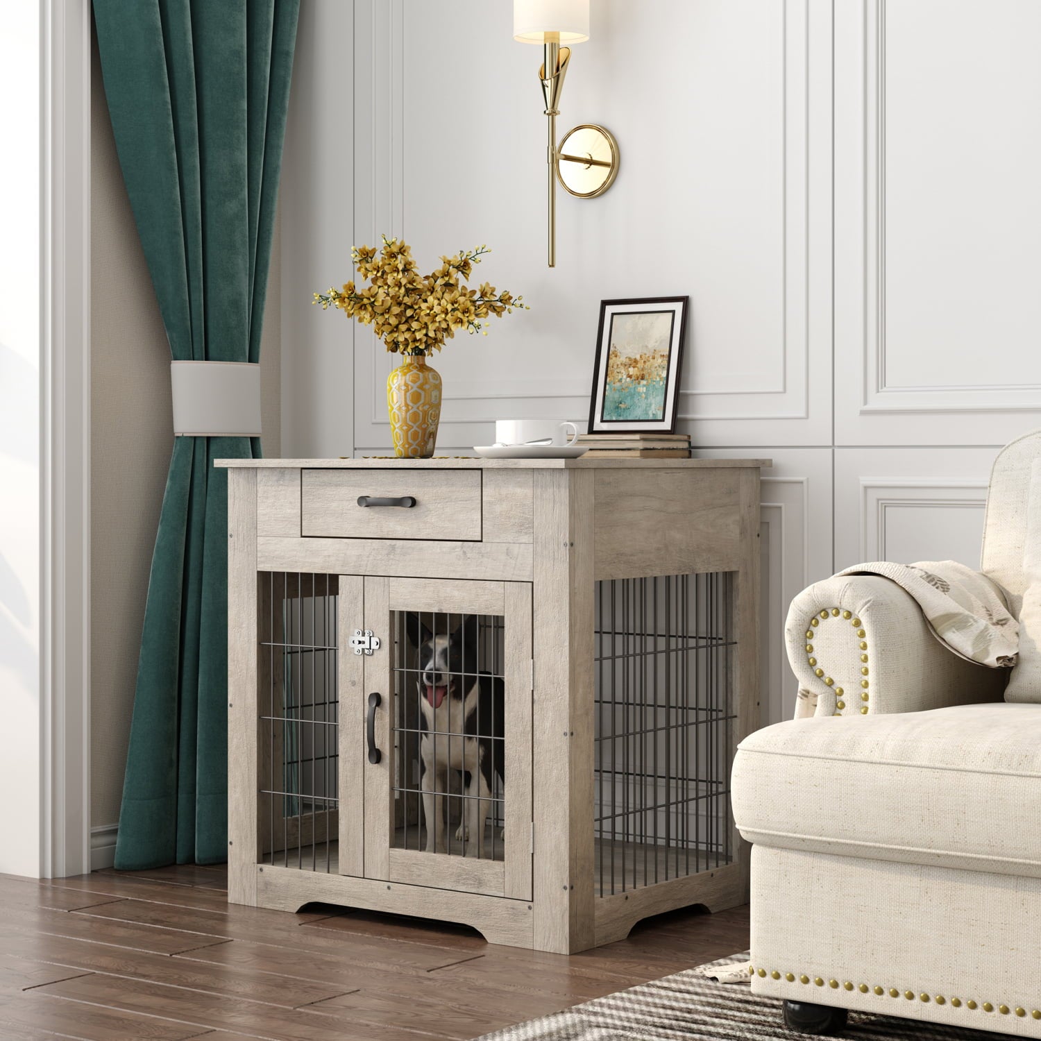 Vivifying Dog Crate Furniture, Wooden Dog House, Decorative Dog Kennel with Drawer, Indoor Pet Crate End Table for Small Dog, Steel-Tube Dog Cage, Chew-Proof, R Grey，29.92”w x 24.80” d x 30.71”H