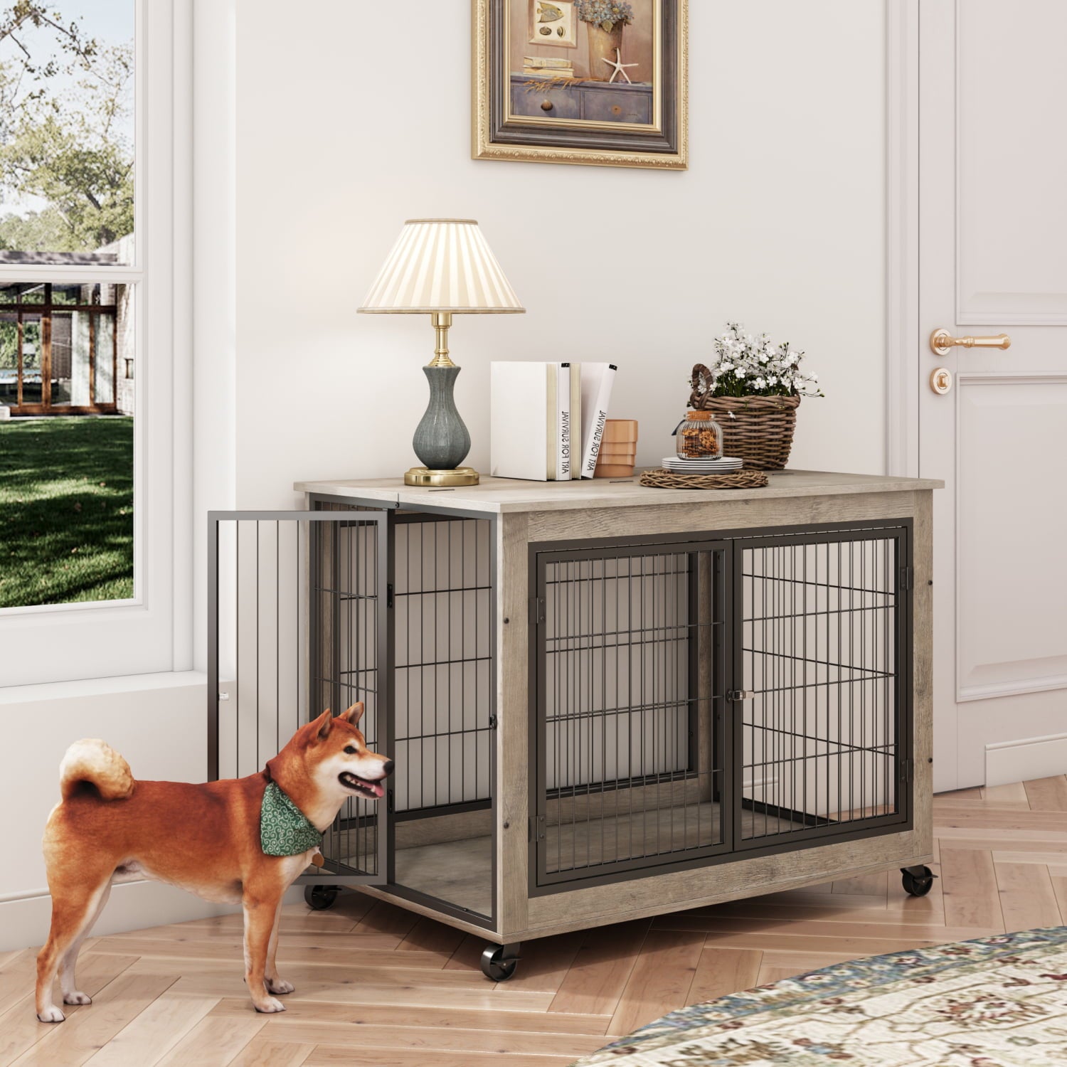 Vivifying Furniture Style Dog Crate Side Table on Wheels with Double Doors and Lift Top.（Grey,38.58’’w x 25.5’’d x 27.36’’h）