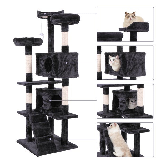 Vivifying 60 inches Large Cat Tree Tower with Scratching Posts Ball for indoor Cats black