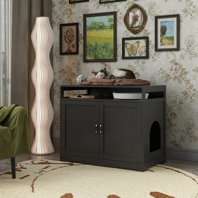 Vivifying Litter Box Enclosure, Cat Litter Box Furniture with Hidden Plug, 2 Doors,Indoor Cat Washroom Storage Bench Side Table Cat House, Large Wooden Enclused Litter Box House, Esspresso