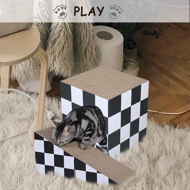 Vivifying Cat Scratching Board with Ball, Triangle Cat Scratching Cardboard, Multiple Scratching Angles, 2-in-1 Scratching Lounge Bed, Recyclable and Durable, Furniture Protector, Black and White