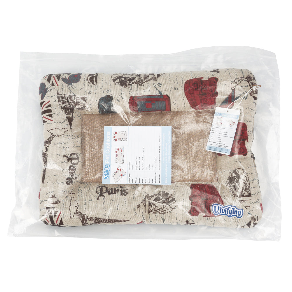 Vivifying Pet Cushion Brown Linen & Cooling Fabric Dog and Cat Bed, 16×12 Inches, Non-Slip Bottom, Soft and Supportive Pet Mat for Crates, Floors, and Travel