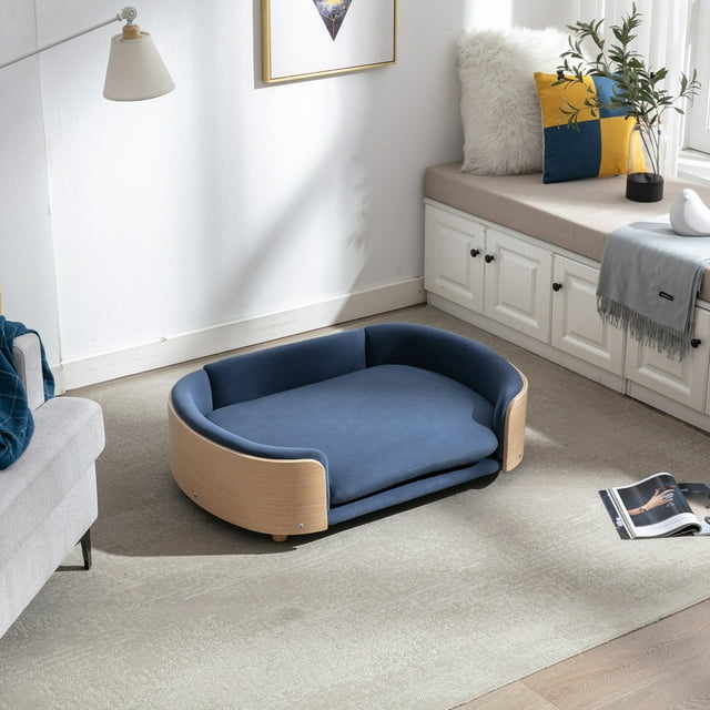 Vivifying Dog Bed Pet Sofa With Solid Wood legs and Bent Wood Back, Velvet Cushion,Large Size