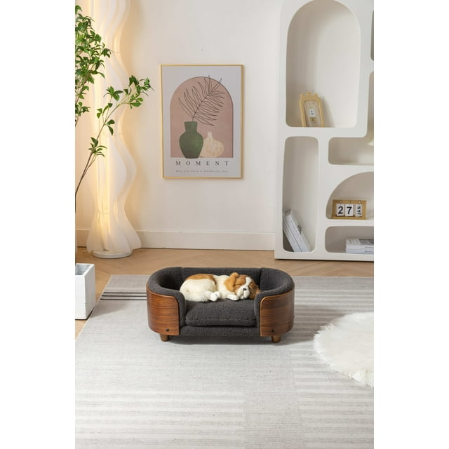 Vivifying Elevated Dog Bed Pet Sofa With Solid Wood legs and Walnut Bent Wood Back, Cashmere Cushion,Small Size