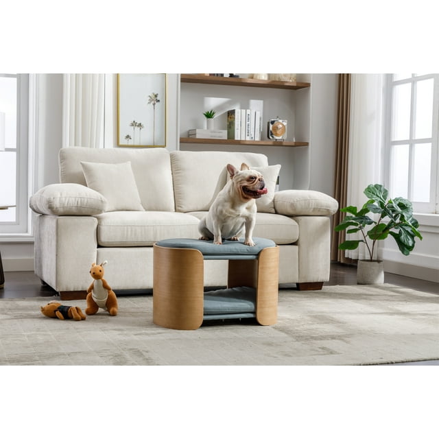 Vivifying Cat Bed Pet Sofa With Solid Wood legs and Bent Wood Back, Cat Scratch Resistant PU Cushion,Mid Size,LIGHT GREY