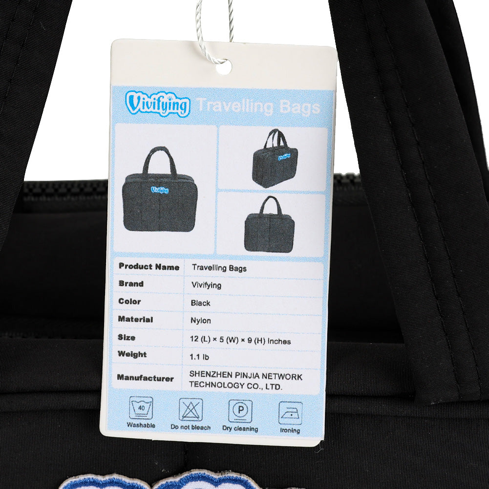 Vivifying Travelling Bags Black Nylon Travel Bag, 12×5×9 Inches, Lightweight 1.1 lb, Compact Carry-On for Business, Weekend, and Daily Use