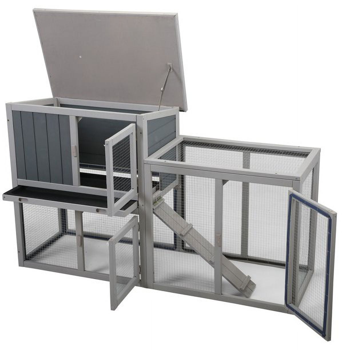 Vivifying Wooden Rabbit Hutch Chicken Coop with 1 Removable Tray and 3 Lockable Doors for Indoor and Outdoor Use, Gray+White