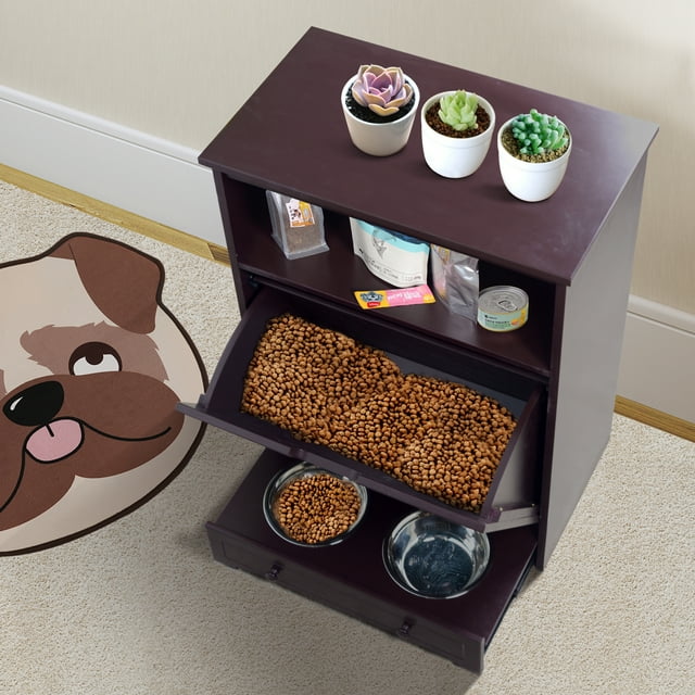 Vivifying Pet Feeder Station with Storage,Made of MDF and Waterproof Painted,Dog and Cat Feeder Cabinet with Stainless Bowl