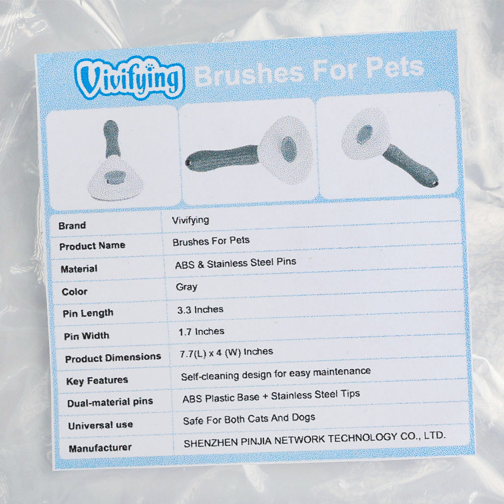 Vivifying Self-Cleaning Pet Brush for Cats and Dogs – ABS & Stainless Steel Pins, Gray, 7.7" x 4" with 3.3" Pin Length, Gentle Detangling Brush