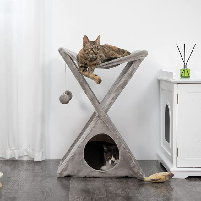 Vivifying Foldable Cat Tree with Hammock Condo Scratching Post Pad, Collapsible Cat Tower House, Cat Hideaway Climber for Indoor Small Medium Kitten with Scratcher, Play Balls, Gray
