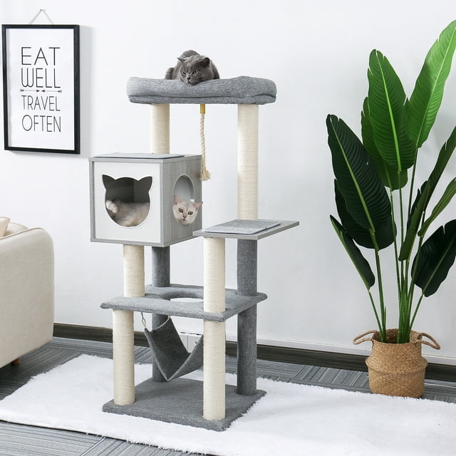 Vivifying Cat Tree for Indoor Cats 52Inches - Multi-Level Modern Wooden Cat Tower with Hammock and Scratching Posts and Cat Condo for Adult Cats