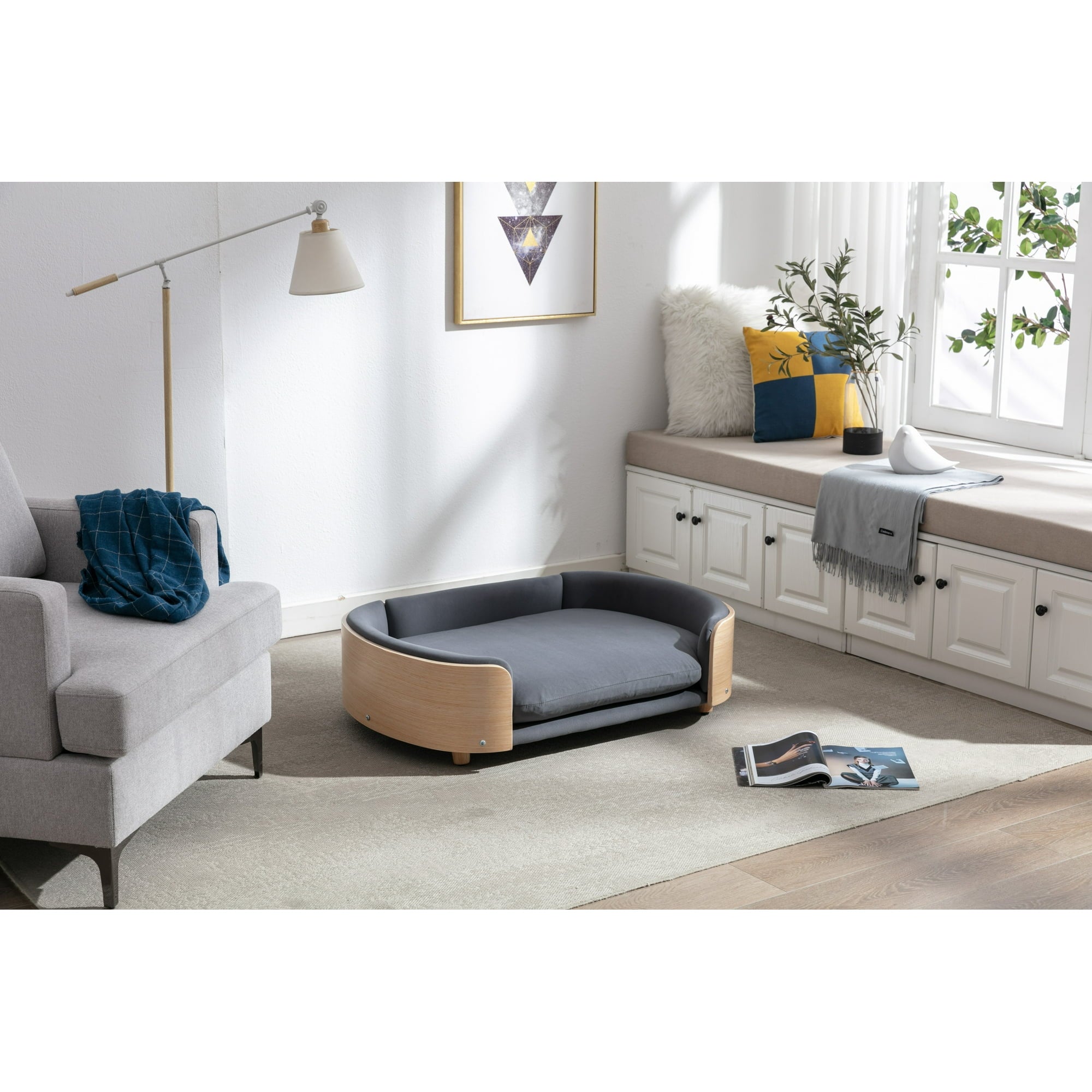 Vivifying Dog Bed Pet Sofa With Solid Wood legs and Bent Wood Back, Velvet Cushion,Large Size