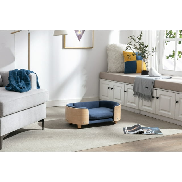 Vivifying Dog Bed Pet Sofa With Solid Wood legs and Bent Wood Back, Velvet Cushion,Small Size