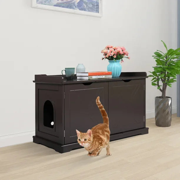 Vivifying Cat Washroom Bench, Wood Litter Box Cover with Spacious Inner, Ventilated Holes, Removable Partition, Easy Access,Chocolate Brown