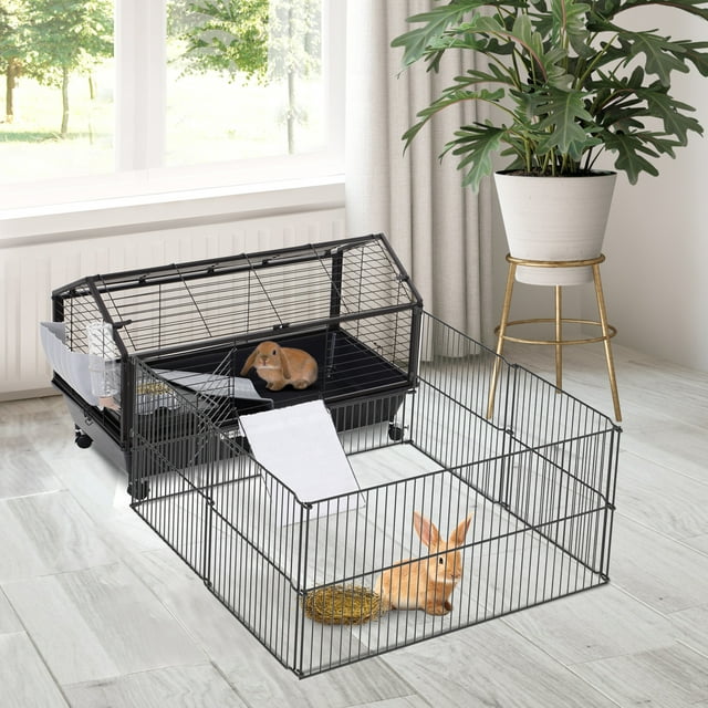 Vivifying Small Animal Playpen Cage w/ Rolling Caster, Water Bottle, 35" L