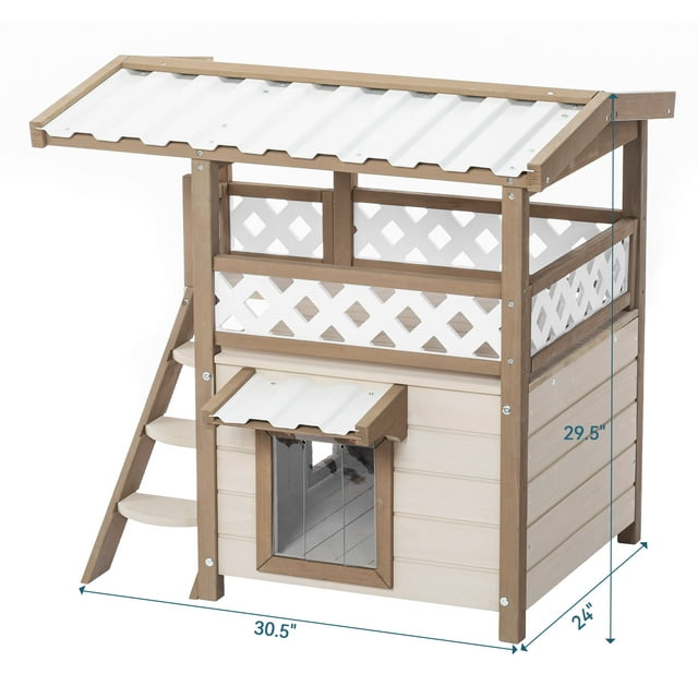 Vivifying Durable Roof Outdoor Cat House Weatherproof with Escape Door, Stair or Scratch Board, 2 Story Design Perfect for Multi Cats, Outside Cat House