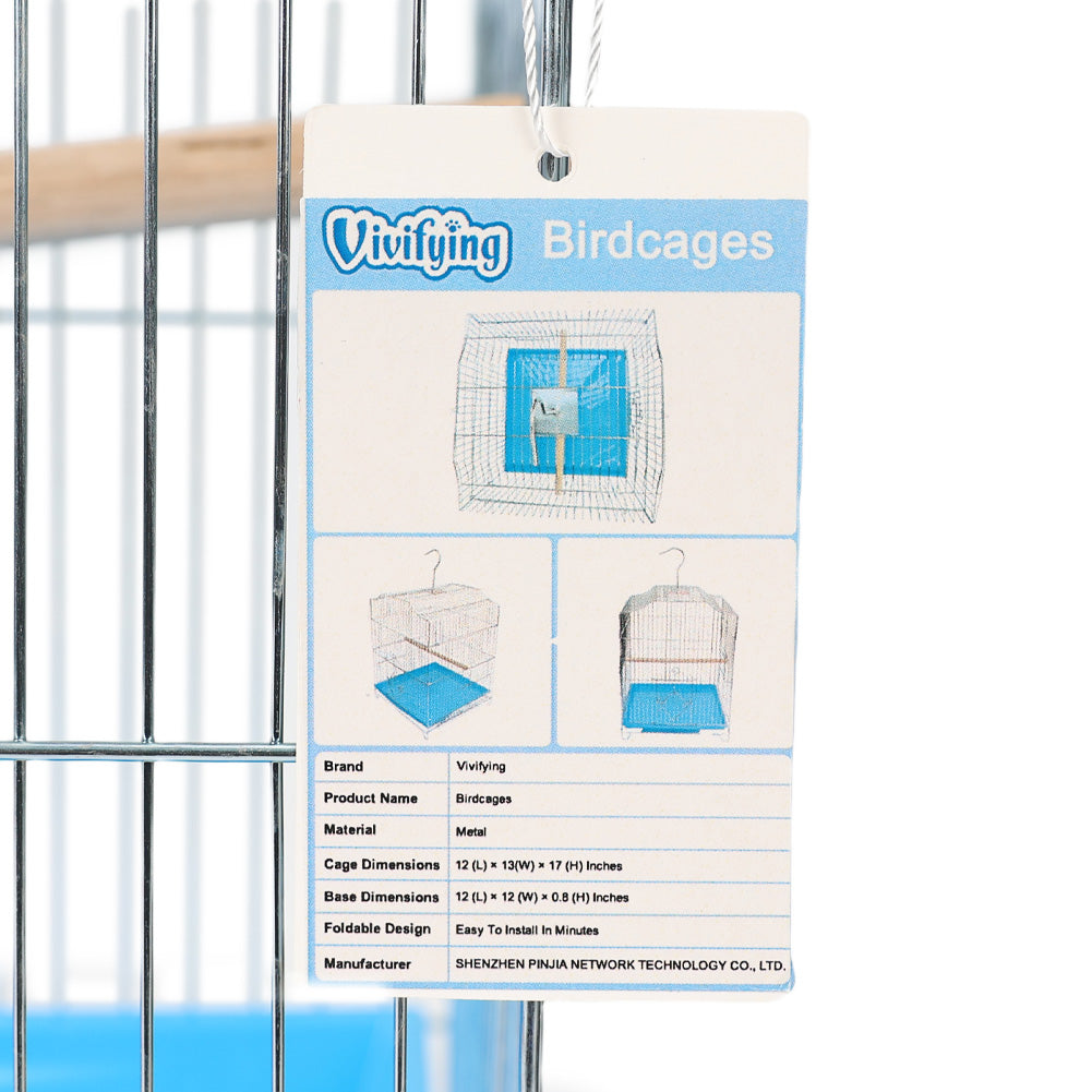 Vivifying Foldable Metal Birdcage – 17" Tall Cage for Small Birds with Easy Assembly & Removable Base, 12" x 13" Spacious Design for Parakeets, Canaries, Finches