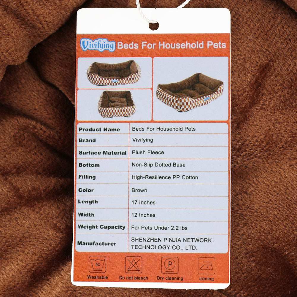Vivifying Pet Bed Brown Plush Fleece Bed for Small Pets Under 2.2 lbs, 17×12 Inches, Non-Slip Bottom, Soft and Supportive Cushion for Crates, Floors, and Travel