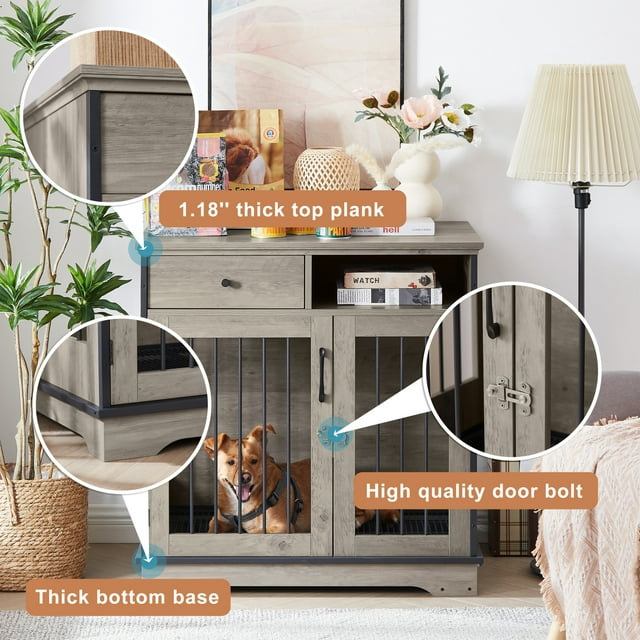 Vivifying Dog crates, indoor pet crate end tables, decorative wooden kennels with removable trays.(Grey,32.28’’W*22.83’’D*33.46’’H)