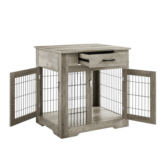 Vivifying Dog Crate Furniture, Wooden Dog House, Decorative Dog Kennel with Drawer, Indoor Pet Crate End Table for Small Dog, Steel-Tube Dog Cage, Chew-Proof, R Grey，29.92”w x 24.80” d x 30.71”H