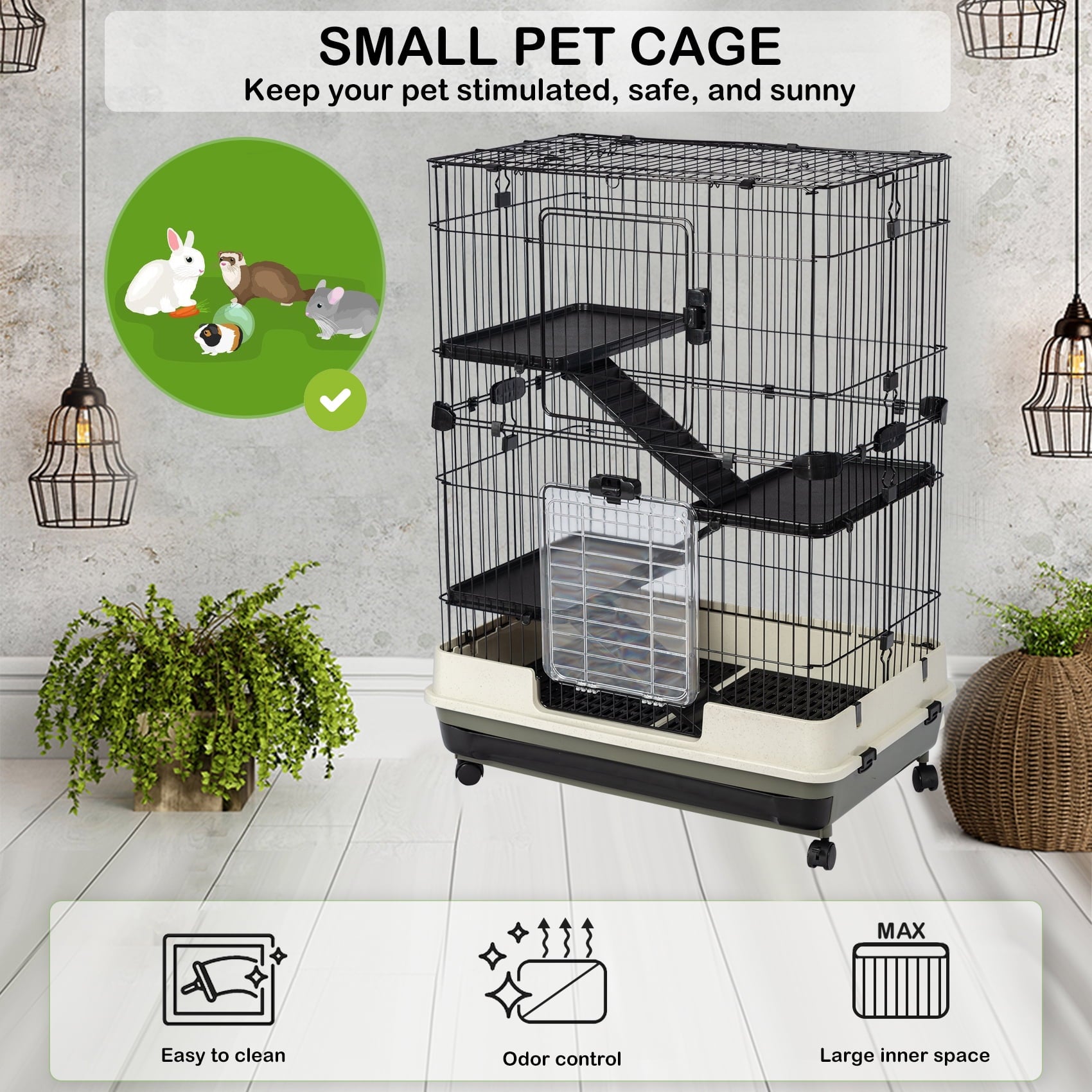 Vivifying 4-Tier 32"Small Animal Metal Cage Height Adjustable with Lockable Casters Grilles Pull-out Tray for Rabbit Chinchilla Ferret Bunny Guinea Pig Squirrel Hedgehog BLACK