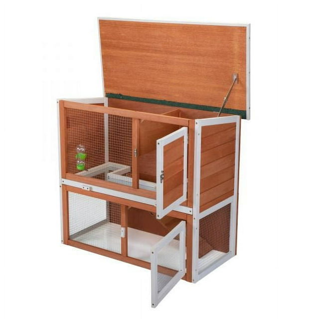 Vivifying 2-Tier Wood Rabbit Hutch, Outdoor Bunny Cage for Small Animals, Wooden Enclosure for Multiple Pets, Orange