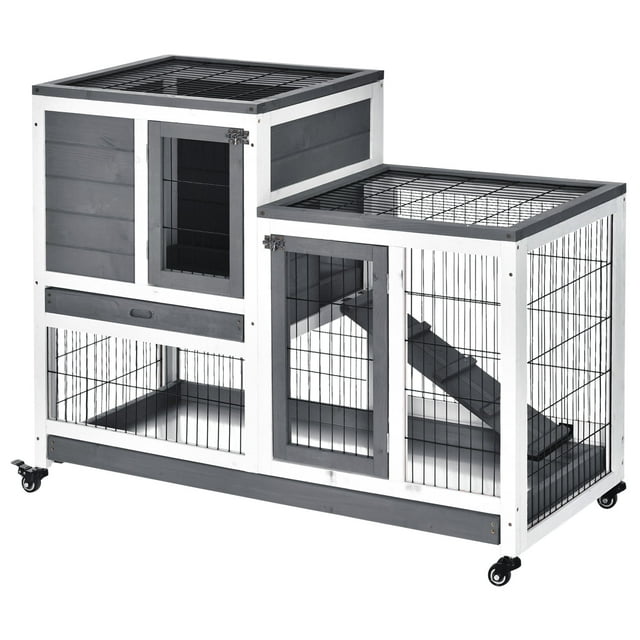 Vivifying 2-tier Wooden Rabbit Hutch with Upper House Area and Lower Play Area with Cage, Great for Bunnies,with Enclosed Run with Wheels, Ramp, Removable Tray Ideal