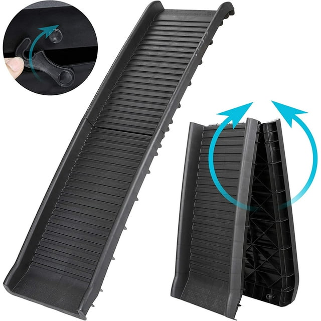 Vivifying Dog Car Ramp, 63 Inch Folding Portable Pet Ramp for Large Old Dogs SUV Truck Bed w/ Side Rails & Safety Lock & Non-Slip Surface & Carry Handle, Steel Frame, Supports Up to 165 lbs black