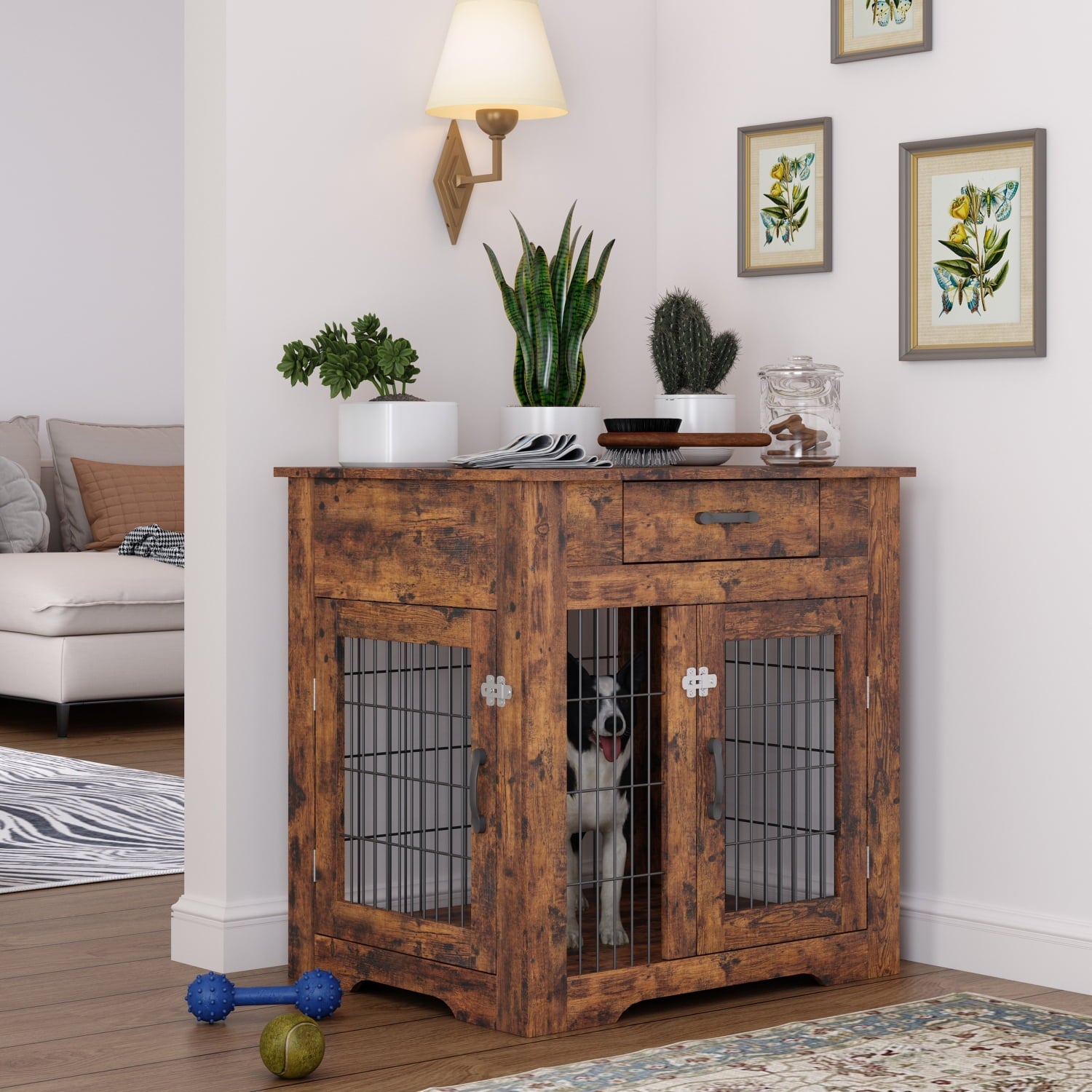 Vivifying Dog Crate End Table with Drawer, Pet Kennels with Double Doors , Furniture for Dogs Dog House Indoor Use, （Rustic Brown，29.92”w x 24.80”d x 30.71”h）