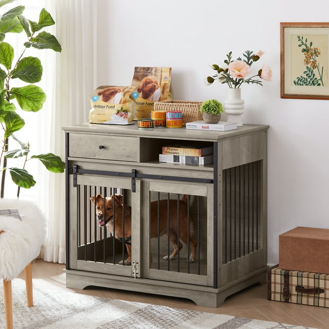 Vivifying Dog Crate Furniture with Sliding Door, Dog Kennel Indoor with Partition for Two Puppies, Dog Cage with Flip-up Top and Wheels, Chew-Resistant Wooden Double Dog Crate