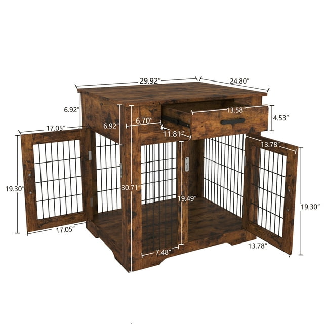 Vivifying Dog Crate End Table with Drawer, Pet Kennels with Double Doors , Furniture for Dogs Dog House Indoor Use, （Rustic Brown，29.92”w x 24.80”d x 30.71”h）