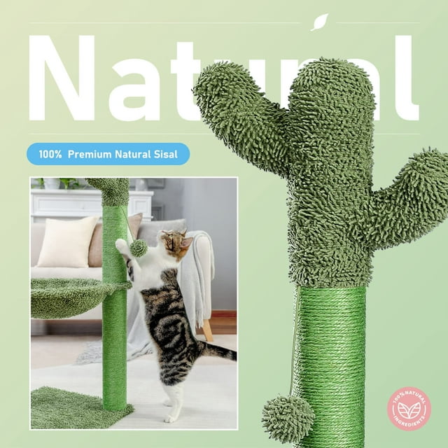 Vivifying 37 inch Cactus Cat Tree Cat Scratching Post with Hammock Play Tower, Full Wrapped Sisal Scratching Post for Indoor Small Cats, Green
