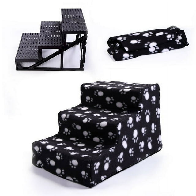 Vivifying Pet Stairs 3 Steps Indoor Dog Cat Steps Bed Ramp for Puppies up to 45 lbs Black with Paw