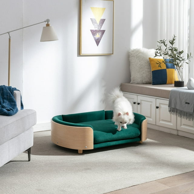 Vivifying Dog Bed Pet Sofa With Solid Wood legs and Bent Wood Back, Velvet Cushion,Large Size