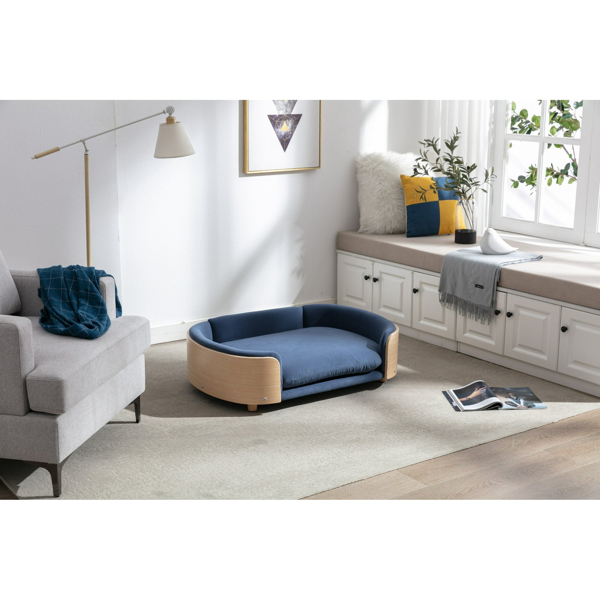 Vivifying Dog Bed Pet Sofa With Solid Wood legs and Bent Wood Back, Velvet Cushion,Large Size