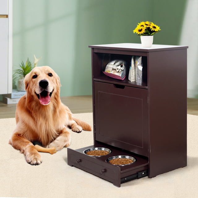 Vivifying Pet Feeder Station with Storage,Made of MDF and Waterproof Painted,Dog and Cat Feeder Cabinet with Stainless Bowl