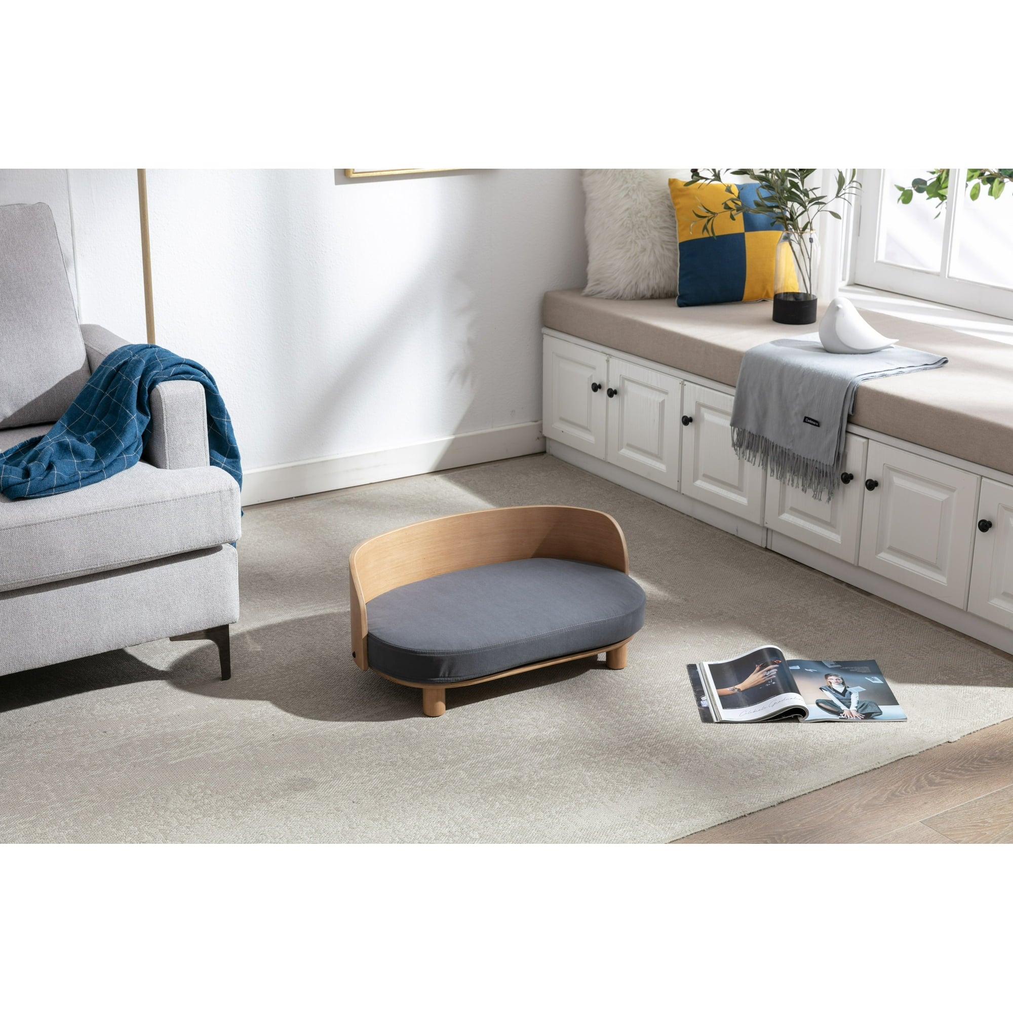 Vivifying Dog Bed Pet Sofa With Solid Wood legs and Bent Wood Back, Velvet Cushion, Walnut