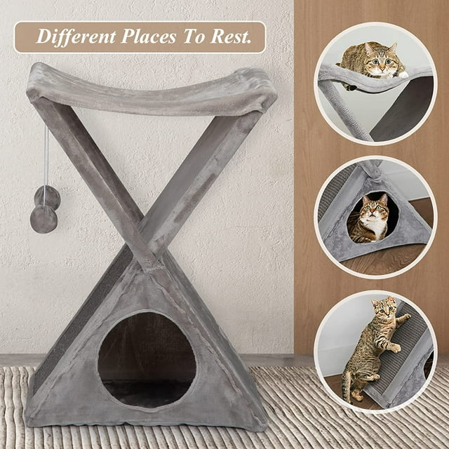 Vivifying Foldable Cat Tree with Hammock Condo Scratching Post Pad, Collapsible Cat Tower House, Cat Hideaway Climber for Indoor Small Medium Kitten with Scratcher, Play Balls, Gray