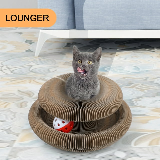 Vivifying Dream Magic Organ Cat Scratching Board, Interactive Scratch Pad with a Ball, Cat Scratcher for Grinding Claw, Recyclable and Durable, Furniture Protector, Retractable, Brown, Reversible