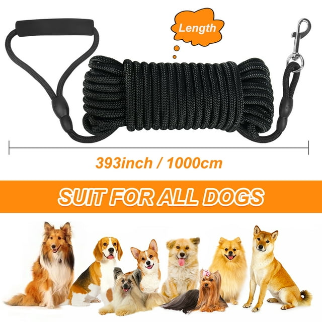 Dog Check Cord, 32FT/10M Floatable Long Dog Training Rope with Soft Handle for Camping, Playing，Backyard, Beach and Lake (Black)