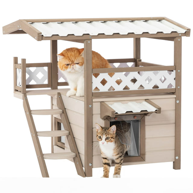 Vivifying Durable Roof Outdoor Cat House Weatherproof with Escape Door, Stair or Scratch Board, 2 Story Design Perfect for Multi Cats, Outside Cat House