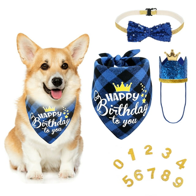 Dog Birthday Party Supplies, Boy Dog Birthday Bandana Set with Cute Dog Bow Tie, Crown Hat with Numbers for Small Medium Large Dogs, Blue Dog Birthday Outfit (Blue)