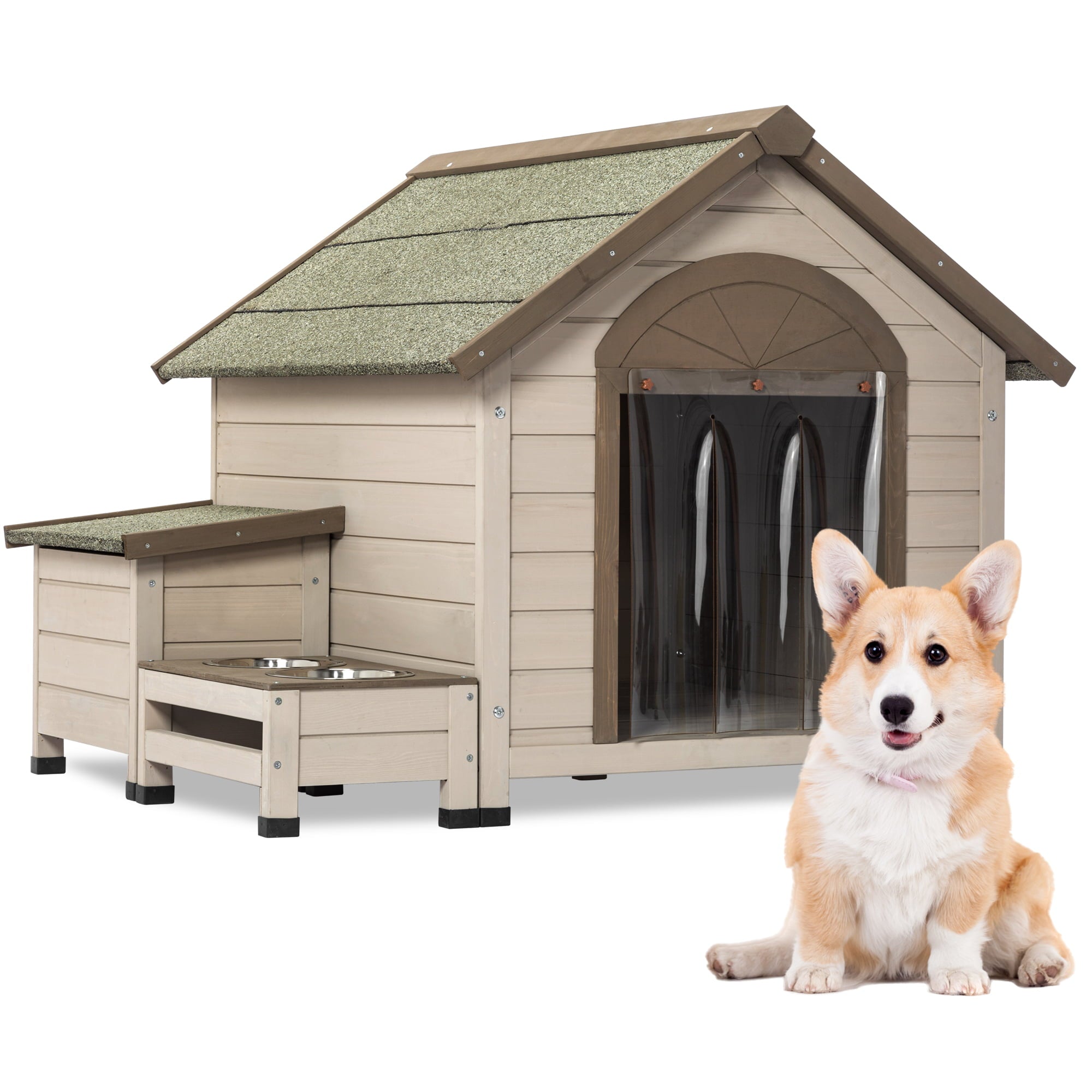 Vivifying Outdoor Dog House with Porch: Wooden Elevated Dog Shelter With storage box, Wooden Dog Kennel for Winter elevated feeding station with 2 bowls For M/S Dogs