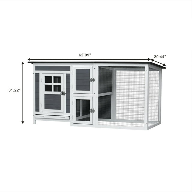 Vivifying Rabbit Bunny Hutch with Removable Tray Ramp,Wooden Indoor Small Animal Coop with Running Cage,Gray, 62.99''L X 29.44''D X 31.22''H