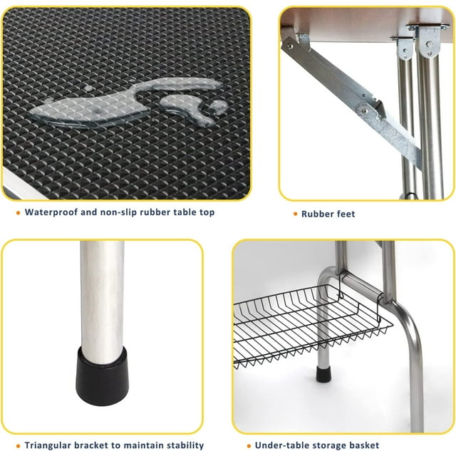 Vivifying 30 INCH Pet Grooming Table Stainless Legs and Arms Black Rubber Top Storage Basket