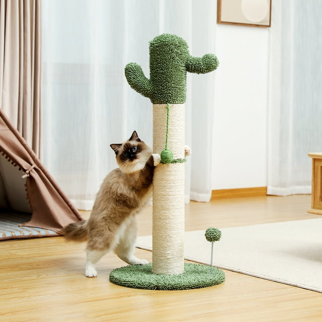 Vivifying Indoor Cactus Cat Scratcher 33.5" –Cactus style Natural Sisal Large Cat Tree Post with Teaser Ball Cat Toy, White&Green