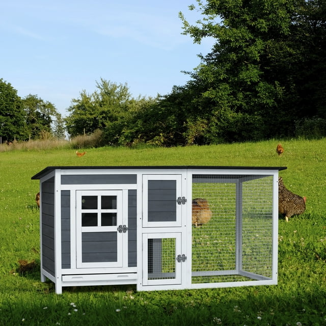 Vivifying Rabbit Bunny Hutch with Removable Tray Ramp,Wooden Indoor Small Animal Coop with Running Cage,Gray, 62.99''L X 29.44''D X 31.22''H