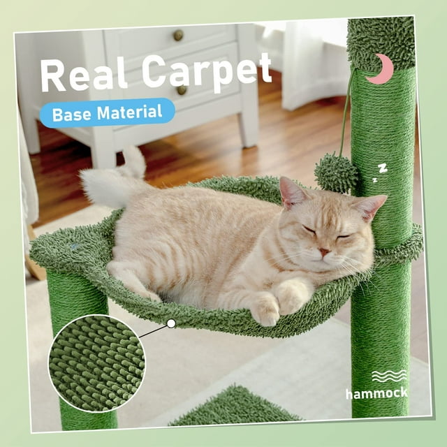 Vivifying 37 inch Cactus Cat Tree Cat Scratching Post with Hammock Play Tower, Full Wrapped Sisal Scratching Post for Indoor Small Cats, Green