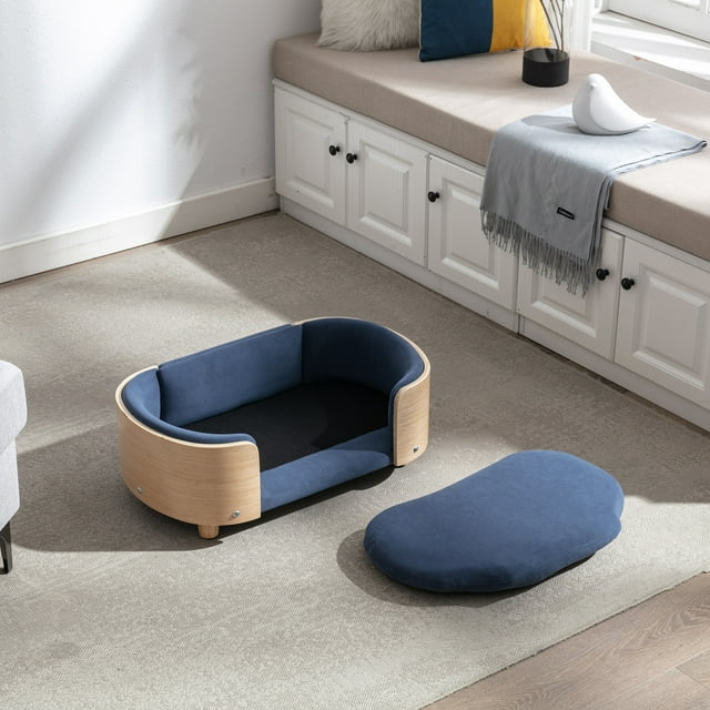 Vivifying Dog Bed Pet Sofa With Solid Wood legs and Bent Wood Back, Velvet Cushion,Small Size
