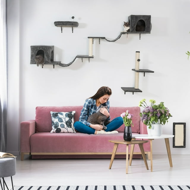 Vivifying Wall-mounted Cat Tree, Cat Furniture with 2 Cat Condos House, 3 Cat Wall Shelves, 2 Ladder, 1 Cat Perch, Sisal Cat Scratching Posts and Pad
